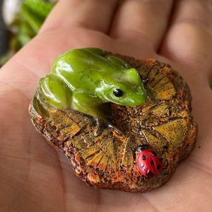 FROG W/ LADY BEETLE ON WOODEN LILY PAD