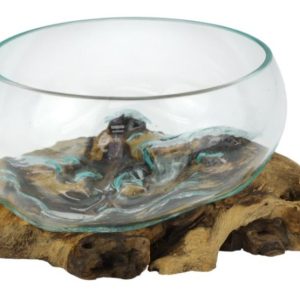 Hand Blown Glass Bowl On Drift Wood 30x17cm