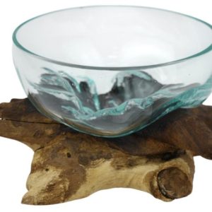 Hand Blown Glass Bowl On Driftwood 24x15cm
